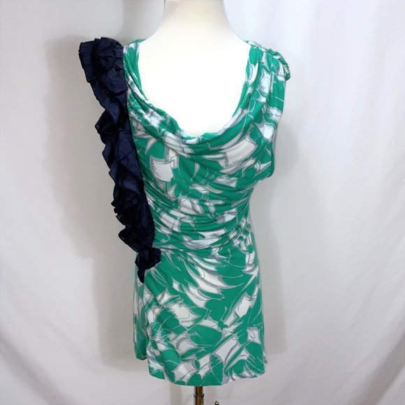 Anthropologie Little Yellow Button Ruched Side Ruffle Print Long Knit Top Tee - Picture 2 of 11